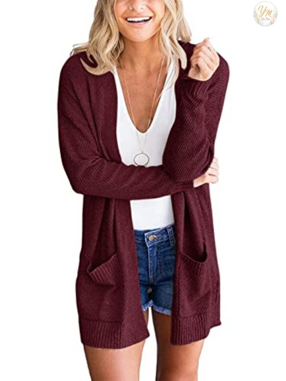 Waffle Knit Open Front Cardigan Sweater with Pockets Loose Fit